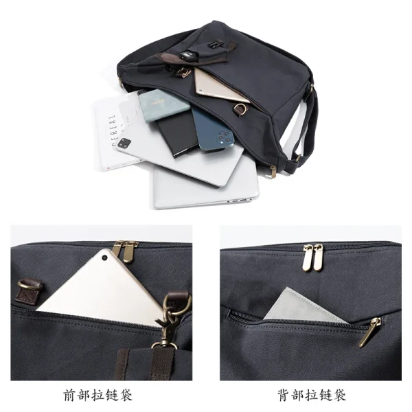 Canvas Messenger Bag for Men 14 inch Laptop Shoulder Bag with Zipper Retro Hobo Bag for Male Female - Image 3
